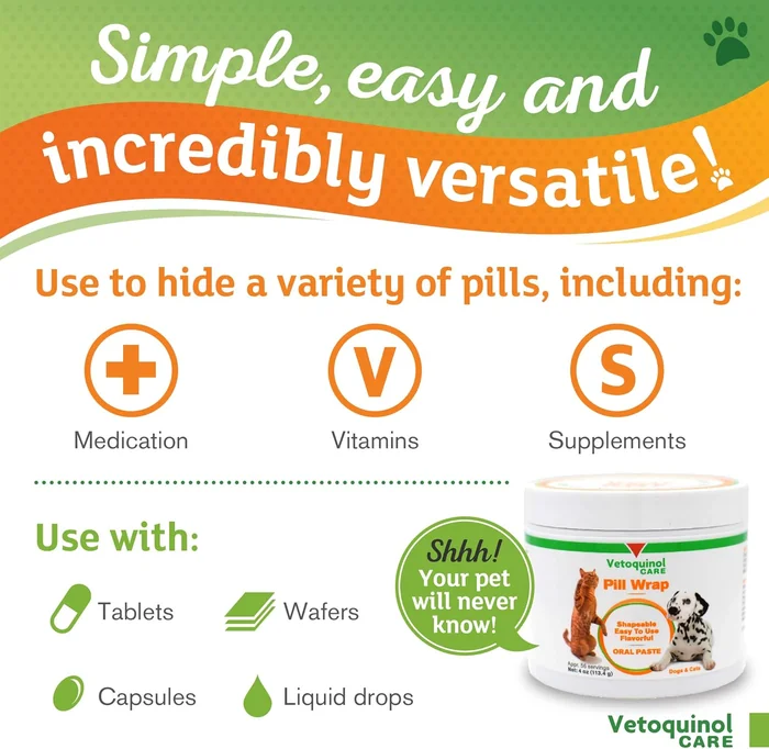 Vetoquinol Pill Wrap Treats pour Chiens & Chats - 4oz, 56 portions - Masque n'importe quelle taille, pilule en forme - Pilule humide, savoureuse et formable - Pouche de pilule de masquage facile à avaler pour l'entraînement et les friandises