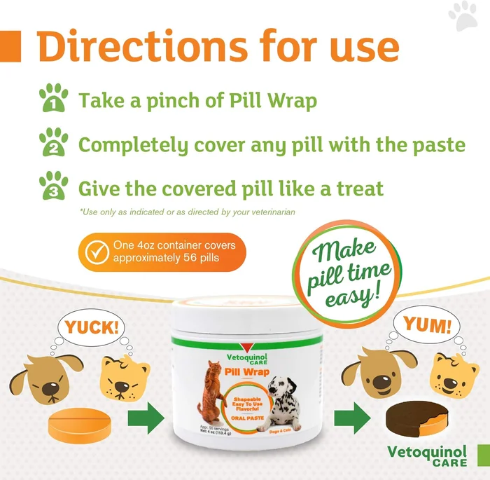 Vetoquinol Pill Wrap Treats pour Chiens & Chats - 4oz, 56 portions - Masque n'importe quelle taille, pilule en forme - Pilule humide, savoureuse et formable - Pouche de pilule de masquage facile à avaler pour l'entraînement et les friandises