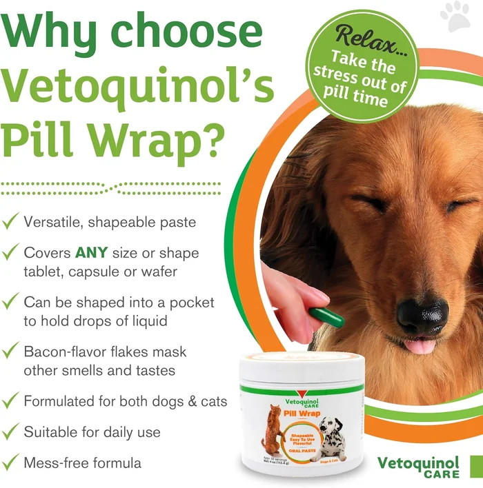 Vetoquinol Pill Wrap Treats pour Chiens & Chats - 4oz, 56 portions - Masque n'importe quelle taille, pilule en forme - Pilule humide, savoureuse et formable - Pouche de pilule de masquage facile à avaler pour l'entraînement et les friandises