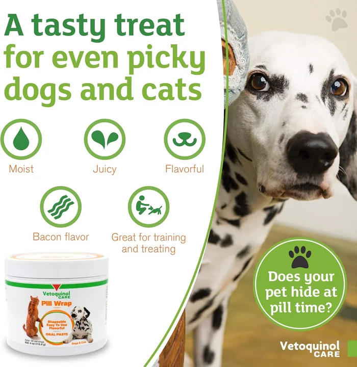 Vetoquinol Pill Wrap Treats pour Chiens & Chats - 4oz, 56 portions - Masque n'importe quelle taille, pilule en forme - Pilule humide, savoureuse et formable - Pouche de pilule de masquage facile à avaler pour l'entraînement et les friandises