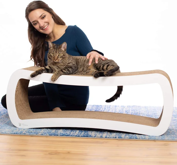 PetFusion Jumbo Cat Scratcher Lounge, White. 39 x 11 x 14 inch 4 Cardboard Scratching Surfaces and 2 Levels, Scratch, Play, Perch, and Hide100% Recyclable Cardboard Cat Lounge