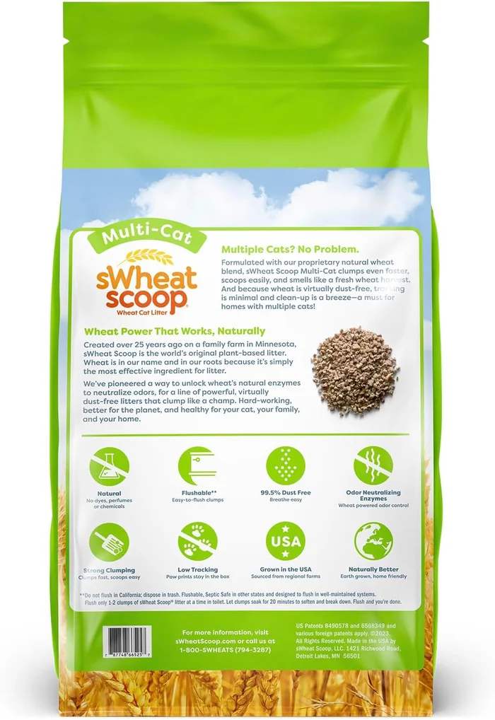 sWheat Scoop Natural Wheat Multi-Cat Litter, Superior Clumping with Odor Neutralizing Enzymes, 25 Pound Bag