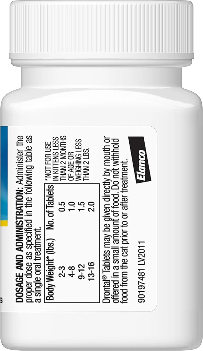 Elanco Drontal Large Spectrum Cat and Kittens Dewormer pour les ténèbres, les anquilés, les vers rondes. | 50 comprimés