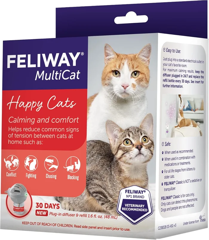 FELIWAY MultiCat 30 Days Calming Cat Plug In Pheromone Diffuser Starter Kit, 48ml - Aide à réduire les conflits et les signes de tension dans les foyers avec plusieurs chats