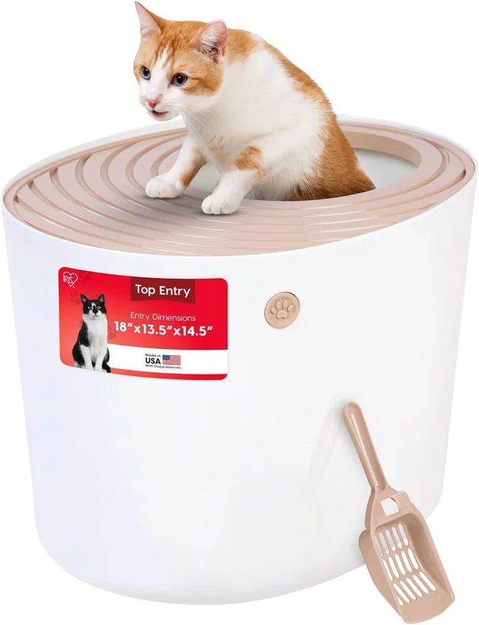 IRIS USA Top Entry Cat Litter Box with Scoop, Stylish Round Cat Litter Box Enclosure, Kitty Litter Box, Beige/White