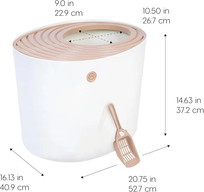 IRIS USA Top Entry Cat Litter Box with Scoop, Stylish Round Cat Litter Box Enclosure, Kitty Litter Box, Beige/White