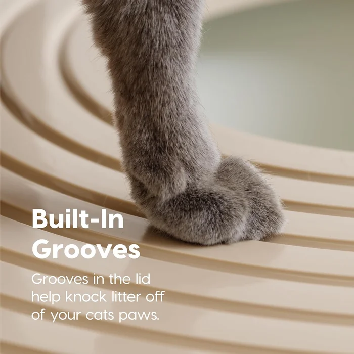 IRIS USA Top Entry Cat Litter Box with Scoop, Stylish Round Cat Litter Box Enclosure, Kitty Litter Box, Beige/White