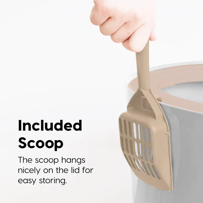 IRIS USA Top Entry Cat Litter Box with Scoop, Stylish Round Cat Litter Box Enclosure, Kitty Litter Box, Beige/White