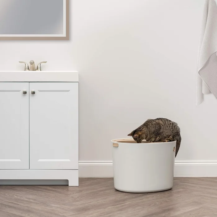 IRIS USA Top Entry Cat Litter Box with Scoop, Stylish Round Cat Litter Box Enclosure, Kitty Litter Box, Beige/White