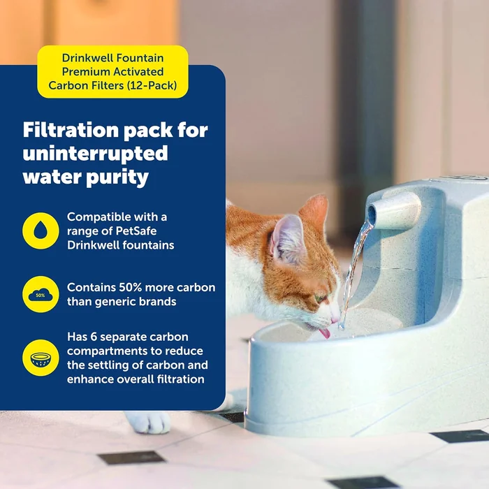 PetSafe Drinkwell Fountain Premium Activated Carbon Filters - Better Hydration Choice - Long-Lasting Purity - Odor-Free Drinking - Water Purification Filter - 12 Pack