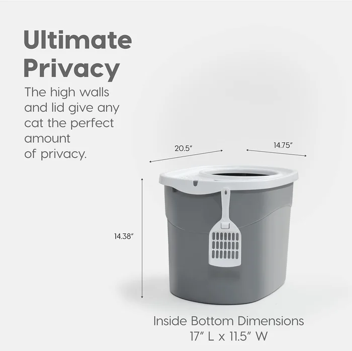 IRIS USA Top Entry 猫砂箱,大号封闭猫砂盖和勺子,防狗,猫砂箱,灰色/白色