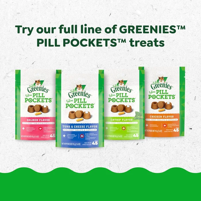 Poches de pilule feline Greenies pour les chats Traitures naturelles douces pour les chats, saveur de poulet, 3 oz. Poche (85 traits)