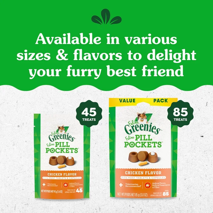 Poches de pilule feline Greenies pour les chats Traitures naturelles douces pour les chats, saveur de poulet, 3 oz. Poche (85 traits)