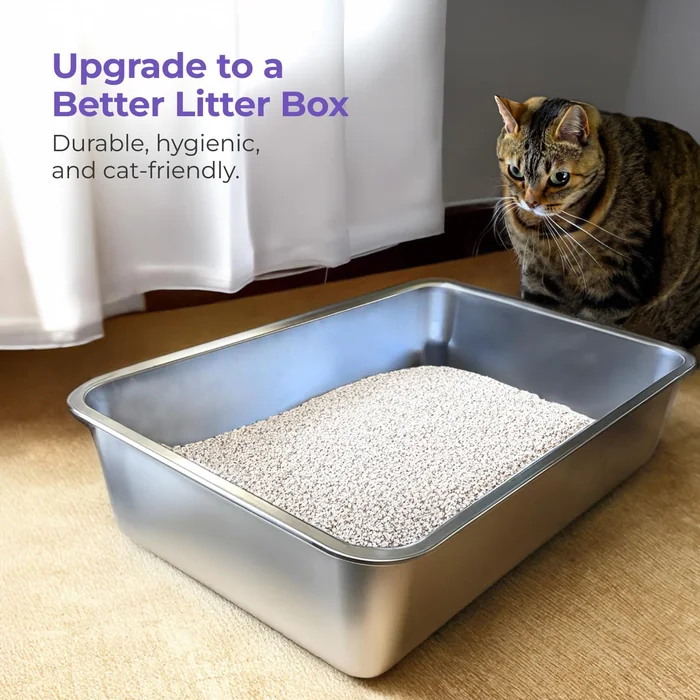 Caja de basura de acero inoxidable iPrimio - Caja de basura sin pegajosos para gatos - Caja XL para gatos con recubrimiento de teflón - Nunca absorbe olores u óxido - Ergonómica, fácil de limpiar, duradera, antiadherente, cajas espaciosas