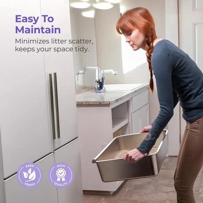 Caja de basura de acero inoxidable iPrimio - Caja de basura sin pegajosos para gatos - Caja XL para gatos con recubrimiento de teflón - Nunca absorbe olores u óxido - Ergonómica, fácil de limpiar, duradera, antiadherente, cajas espaciosas