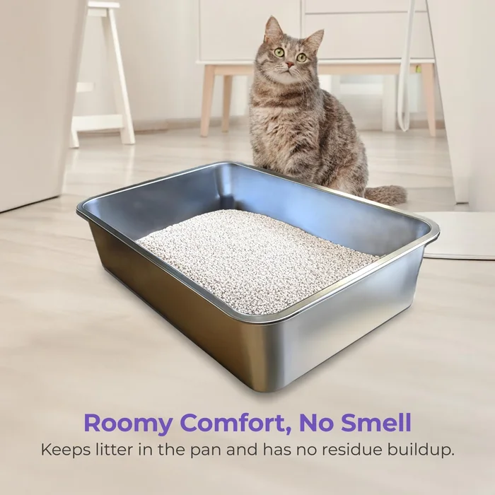 Caja de basura de acero inoxidable iPrimio - Caja de basura sin pegajosos para gatos - Caja XL para gatos con recubrimiento de teflón - Nunca absorbe olores u óxido - Ergonómica, fácil de limpiar, duradera, antiadherente, cajas espaciosas