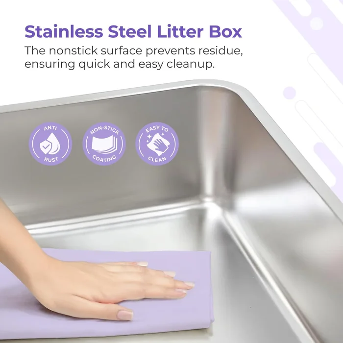 Caja de basura de acero inoxidable iPrimio - Caja de basura sin pegajosos para gatos - Caja XL para gatos con recubrimiento de teflón - Nunca absorbe olores u óxido - Ergonómica, fácil de limpiar, duradera, antiadherente, cajas espaciosas