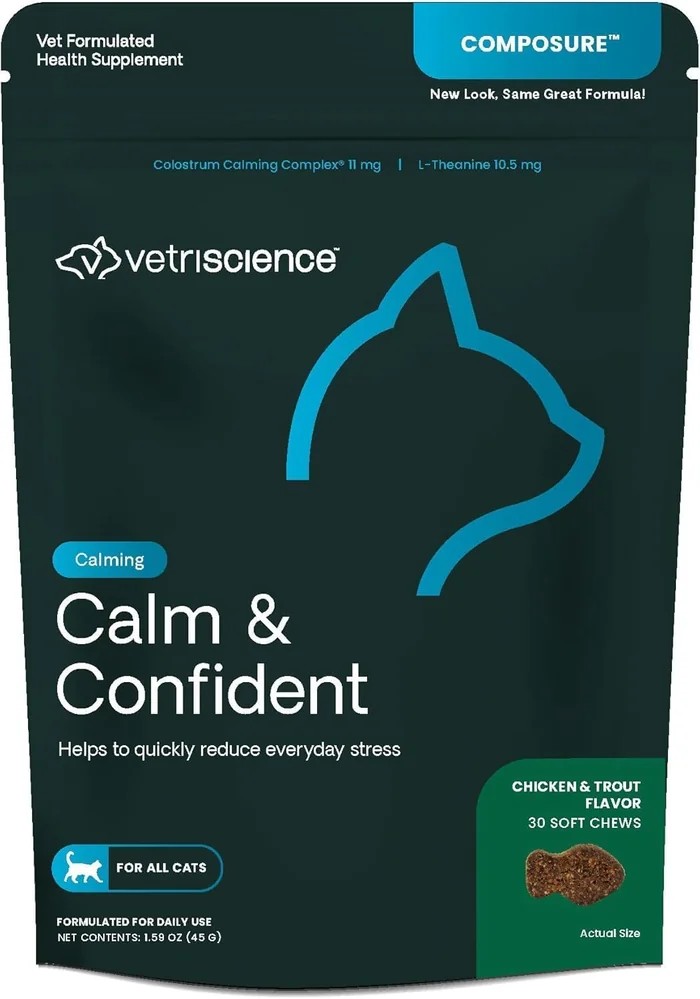 VetriScience Calm & Confident Chews, Composure Calming and Anxiety Supplement for Cats, Reduce Stress and Fear, Ideal for Travel, Vet, Grooming and Routine Changes, Chicken and Trout, 30 Count