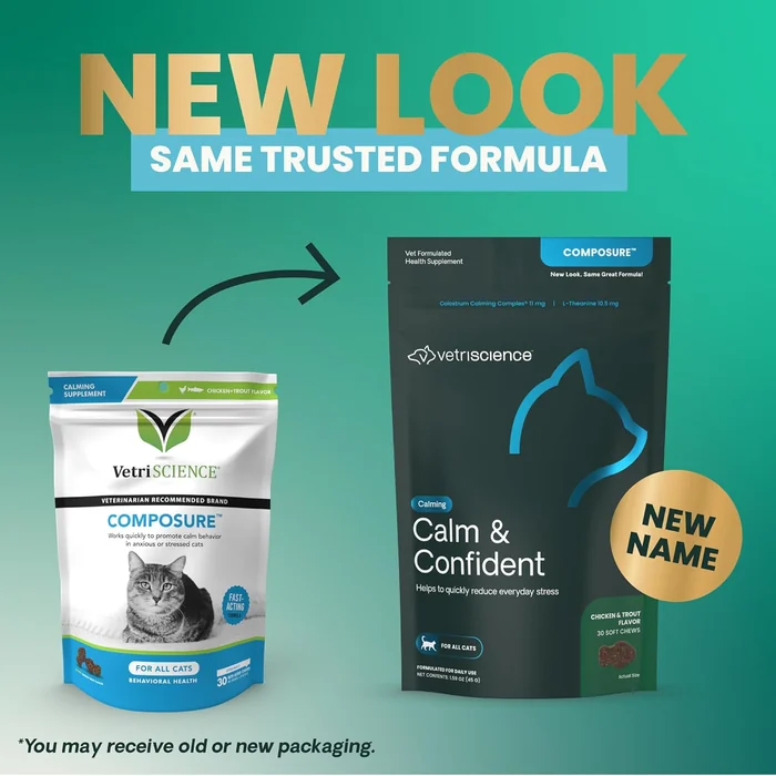 VetriScience Calm & Confident Chews, Composure Calming and Anxiety Supplement for Cats, Reduce Stress and Fear, Ideal for Travel, Vet, Grooming and Routine Changes, Chicken and Trout, 30 Count