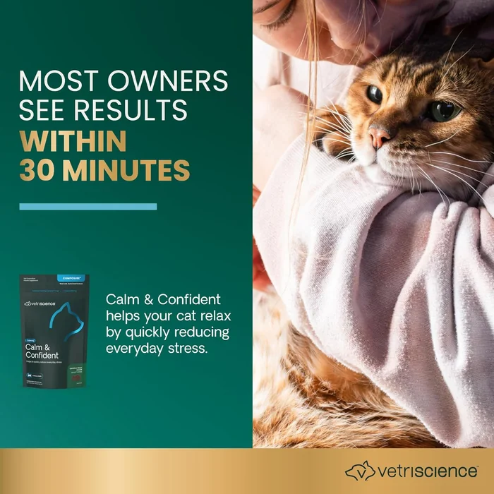 VetriScience Calm & Confident Chews, Composure Calming and Anxiety Supplement for Cats, Reduce Stress and Fear, Ideal for Travel, Vet, Grooming and Routine Changes, Chicken and Trout, 30 Count