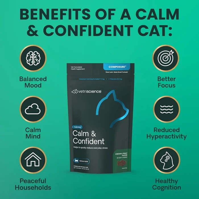 VetriScience Calm & Confident Chews, Composure Calming and Anxiety Supplement for Cats, Reduce Stress and Fear, Ideal for Travel, Vet, Grooming and Routine Changes, Chicken and Trout, 30 Count