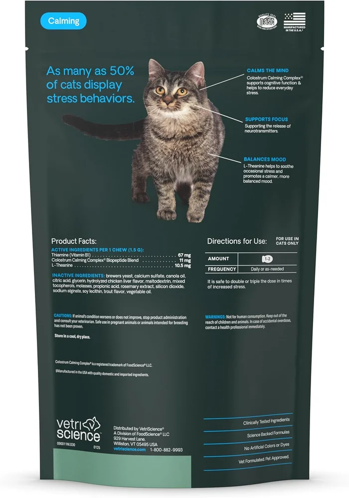 VetriScience Calm & Confident Chews, Composure Calming and Anxiety Supplement for Cats, Reduce Stress and Fear, Ideal for Travel, Vet, Grooming and Routine Changes, Chicken and Trout, 30 Count