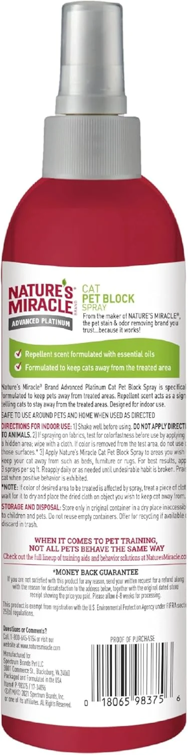 Nature 's Miracle Advanced Platinum Cat Pet Block Repellent Spray, 8 Unzen, Indoor Training Aid für Katzen
