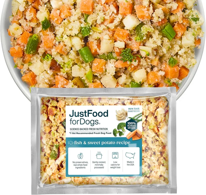 JustFoodForDogs Frozen Fresh Dog Food, Complete Meal or Topper, Fish & Sweet Potato Human Grade Recipe, 18 oz (Pack of 7)