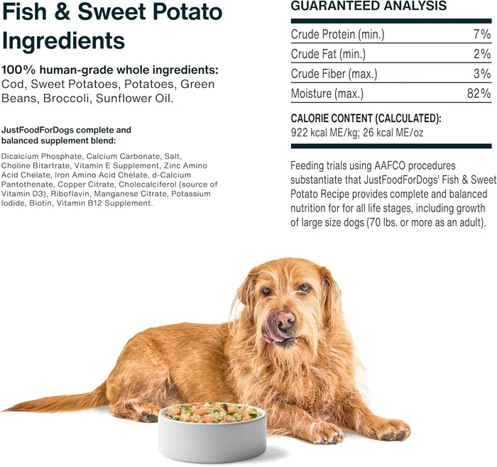 JustFoodForDogs Frozen Fresh Dog Food, Complete Meal or Topper, Fish & Sweet Potato Human Grade Recipe, 18 oz (Pack of 7)