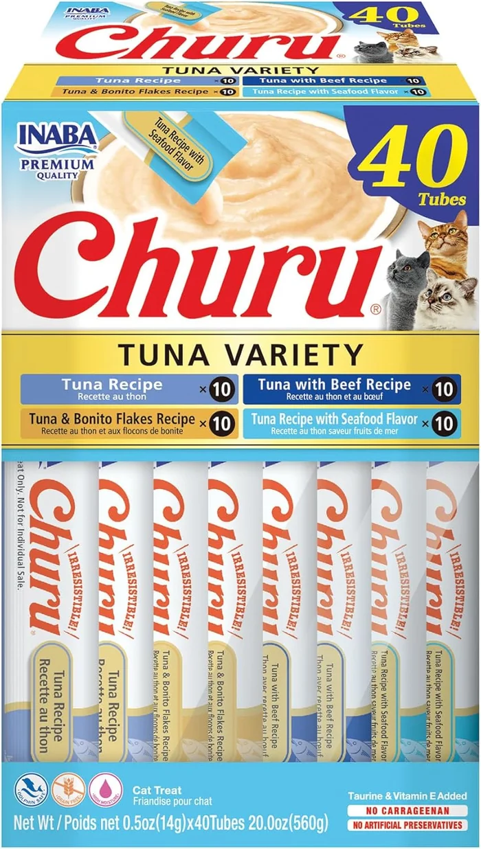 INABA Churu Cat Treats, sans grain, léchable, crèmeux purée pour chat / Topper avec vitamine E et taurine, 0,5 onces par tube, 40 tubes, Tuna Variety Box