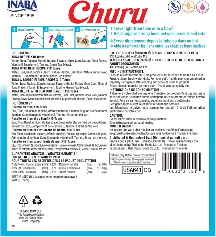 INABA Churu Cat Treats, sans grain, léchable, crèmeux purée pour chat / Topper avec vitamine E et taurine, 0,5 onces par tube, 40 tubes, Tuna Variety Box