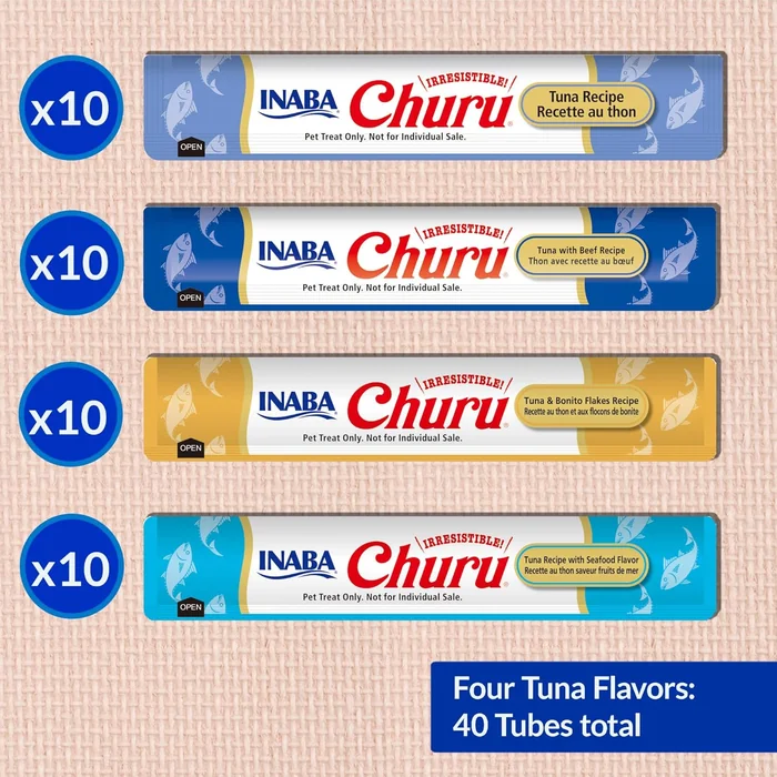 INABA Churu Cat Treats, sans grain, léchable, crèmeux purée pour chat / Topper avec vitamine E et taurine, 0,5 onces par tube, 40 tubes, Tuna Variety Box