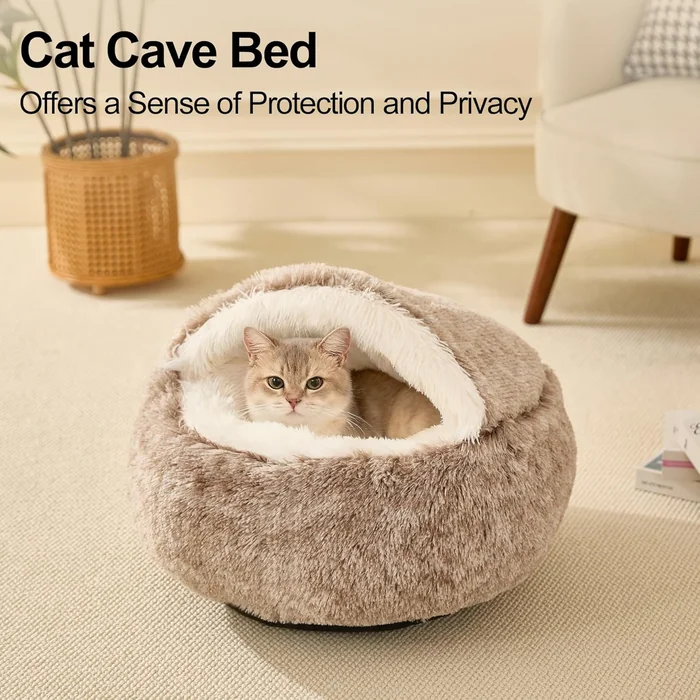 Calming Dog Beds & Cat Cave Bed with Hooded Cover,Removable Washable Round Beds for Small Medium Pets,Anti-Slip Faux Fur Fluffy Coved Bed for Improved Sleep,Fits up to 15/25 lbs (Small,20