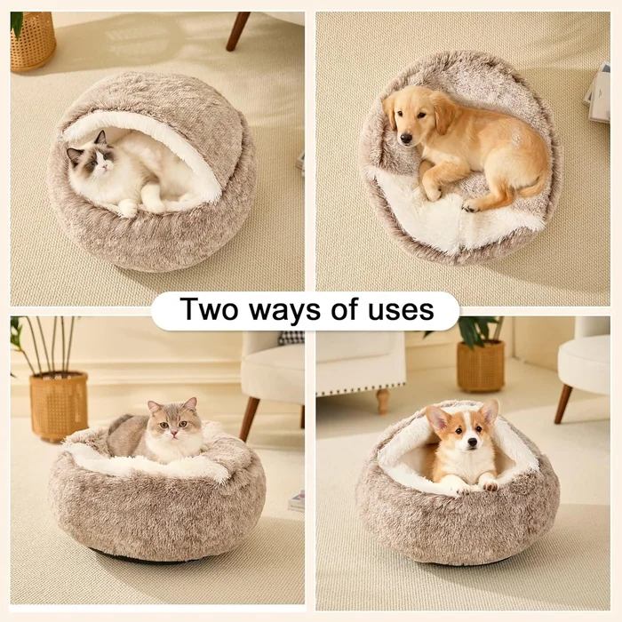 Calming Dog Beds & Cat Cave Bed with Hooded Cover,Removable Washable Round Beds for Small Medium Pets,Anti-Slip Faux Fur Fluffy Coved Bed for Improved Sleep,Fits up to 15/25 lbs (Small,20