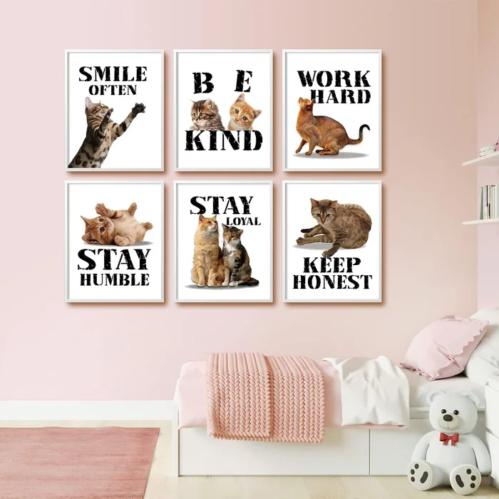 MTL HOE Motivational Cat Art Print, Cat Wall Art Poster, Funny & Cute Animal Inspirational Quotes Painting Poster For Pet Lovers Kid Bedroom Playroom Decor Set Of 6(8”X10”,Unframed)