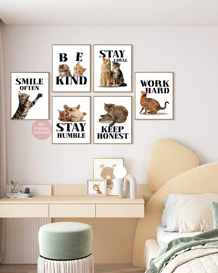 MTL HOE Motivational Cat Art Print, Cat Wall Art Poster, Funny & Cute Animal Inspirational Quotes Painting Poster For Pet Lovers Kid Bedroom Playroom Decor Set Of 6(8”X10”,Unframed)