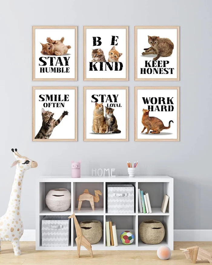 MTL HOE Motivational Cat Art Print, Cat Wall Art Poster, Funny & Cute Animal Inspirational Quotes Painting Poster For Pet Lovers Kid Bedroom Playroom Decor Set Of 6(8”X10”,Unframed)