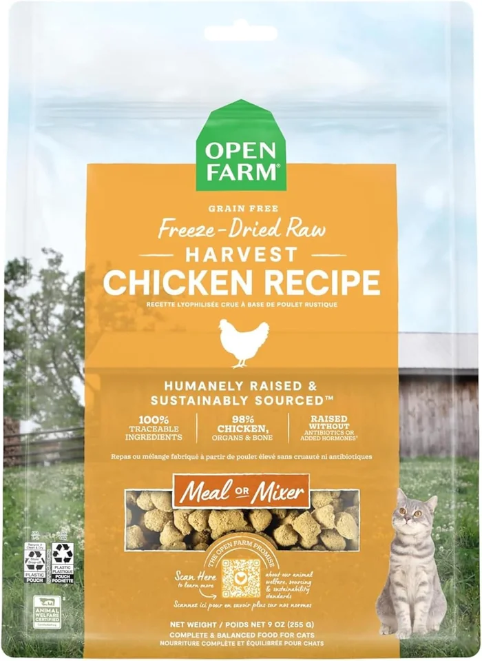 Open Farm, Freeze Dried Raw Cat Food, Complete Meal Morsels or Cat Treats with 92% Meat, Organs & Bone, Harvest Chicken Recipe, 9oz Bag