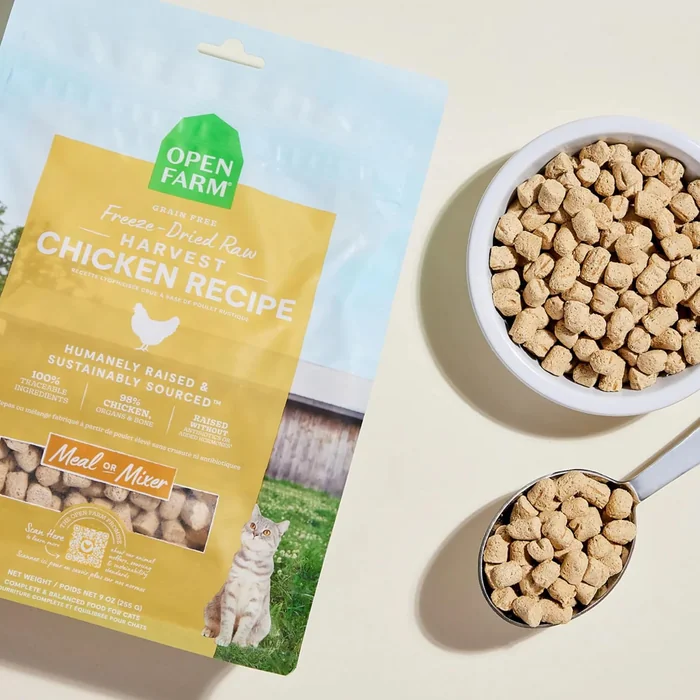 Open Farm, Freeze Dried Raw Cat Food, Complete Meal Morsels or Cat Treats with 92% Meat, Organs & Bone, Harvest Chicken Recipe, 9oz Bag