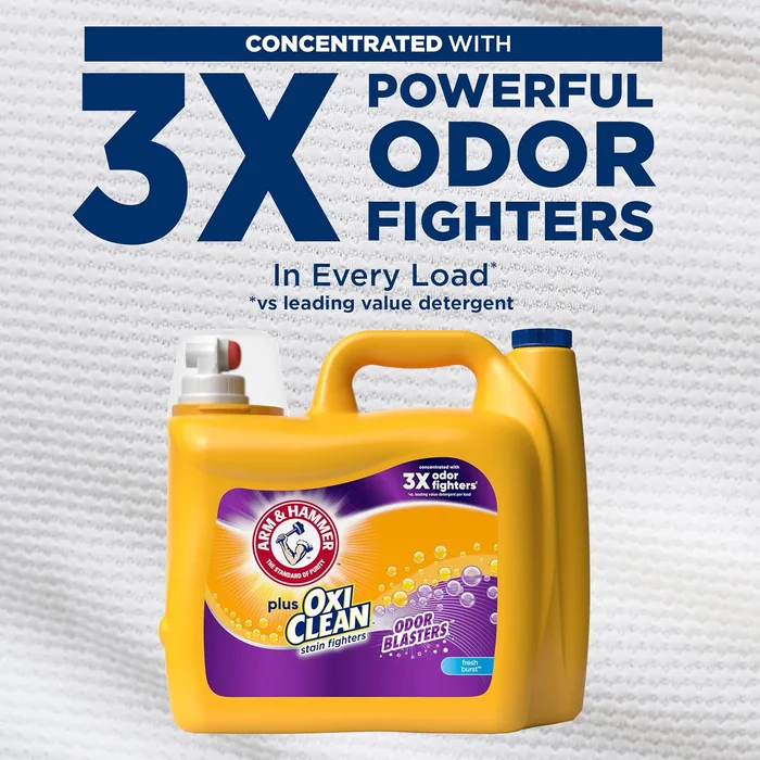 ARM & HAMMER Plus OxiClean Odor Blasters Fresh Burst, 128 Cargas Detergente líquido para lavandería, 166,5 Fl oz