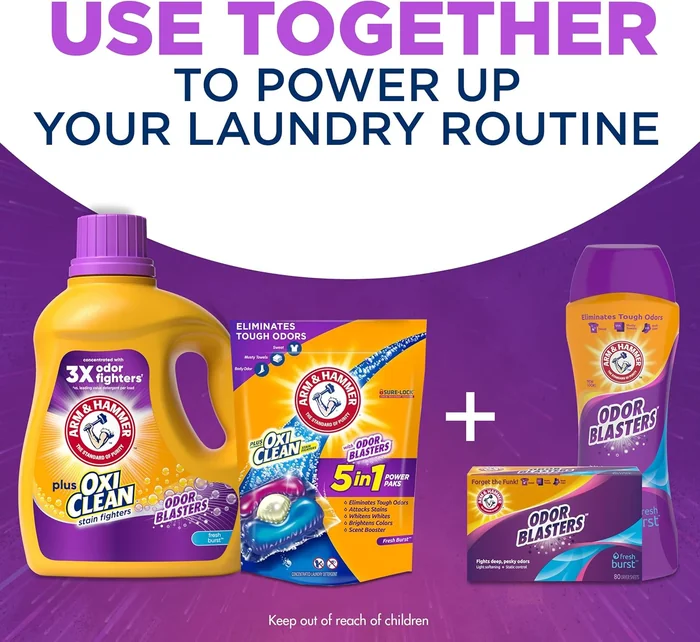 ARM & HAMMER Plus OxiClean Odor Blasters Fresh Burst, 128 Cargas Detergente líquido para lavandería, 166,5 Fl oz