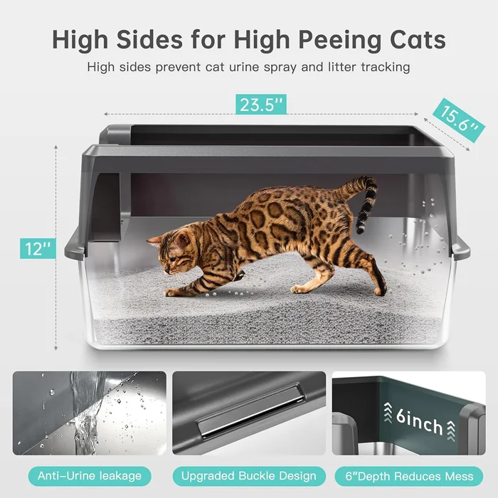 Enclosed Stainless Steel Cat Litter Box with Lid, XL Extra Large Litter Box for Big Cats, Metal Litter Pan High Sided, Never Absorbs Odors, Anti-Urine Leakage, Easy Cleaning, Include Scoop