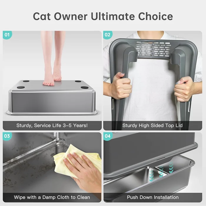 Enclosed Stainless Steel Cat Litter Box with Lid, XL Extra Large Litter Box for Big Cats, Metal Litter Pan High Sided, Never Absorbs Odors, Anti-Urine Leakage, Easy Cleaning, Include Scoop