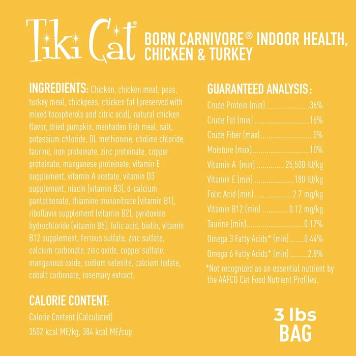 Tiki Cat Born Carnivore High Protein, Indoor Health, Chicken and Turkey Meal Recipe, Grain-Free Baked Kibble to Maximize Nutrients, Dry Cat Food, 3 lb. Bag