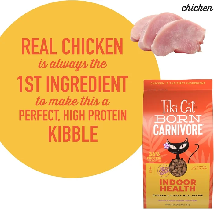Tiki Cat Born Carnivore High Protein, Indoor Health, Chicken and Turkey Meal Recipe, Grain-Free Baked Kibble to Maximize Nutrients, Dry Cat Food, 3 lb. Bag