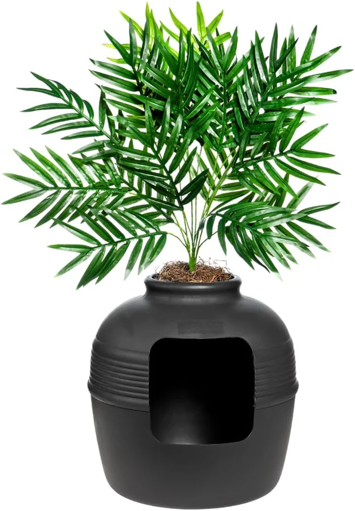 Good Pet Stuff Hidden Cat Litter Box Enclosure with Artificial Plant, Decorative Round Planter, Vented Carbon Charcoal Filter for Odor Control, Easy-to-Clean, Made in USA, Base Kit, Black
