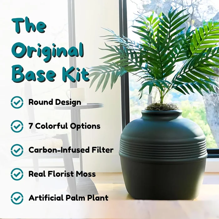 Good Pet Stuff Hidden Cat Litter Box Enclosure with Artificial Plant, Decorative Round Planter, Vented Carbon Charcoal Filter for Odor Control, Easy-to-Clean, Made in USA, Base Kit, Black