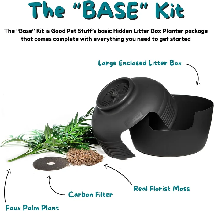 Good Pet Stuff Hidden Cat Litter Box Enclosure with Artificial Plant, Decorative Round Planter, Vented Carbon Charcoal Filter for Odor Control, Easy-to-Clean, Made in USA, Base Kit, Black