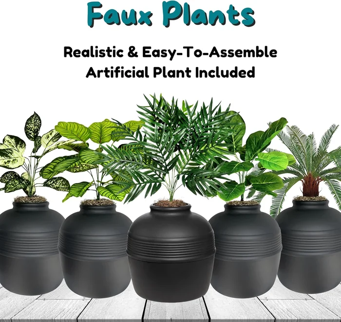 Good Pet Stuff Hidden Cat Litter Box Enclosure with Artificial Plant, Decorative Round Planter, Vented Carbon Charcoal Filter for Odor Control, Easy-to-Clean, Made in USA, Base Kit, Black