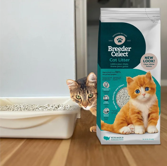 Breeder Celect® | 99% Recycled Paper Cat Litter Pellets | Highly Absorbent | Odor Control | Controls Odors Naturally | Natural and Nontoxic | Low Dust and Easy to Clean | 7 lb Bag